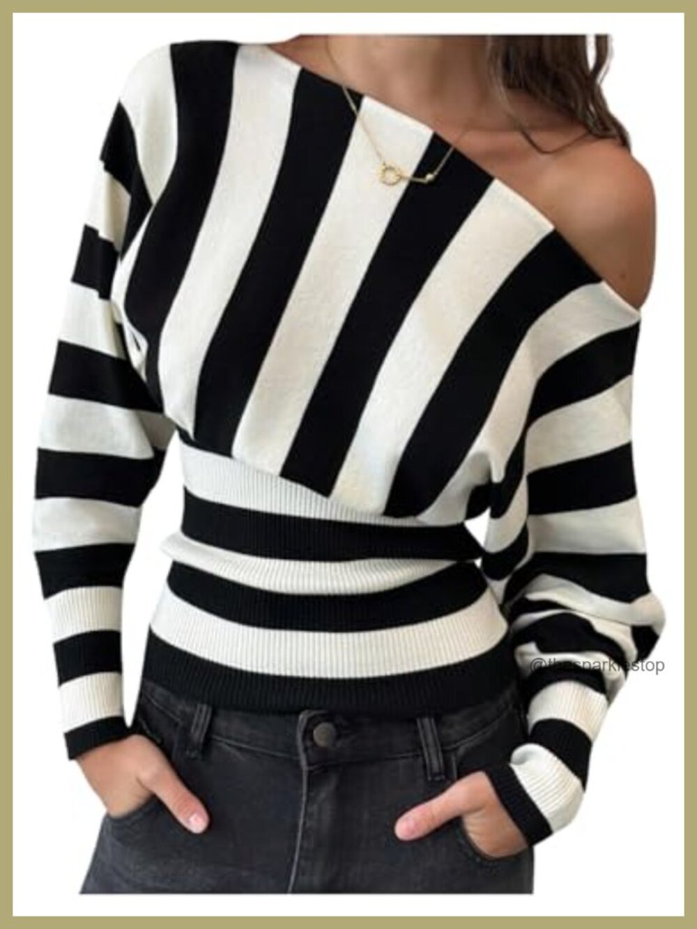 Off Shoulder Striped Pullover Sweater Cinched Waist Dolman Sleeve